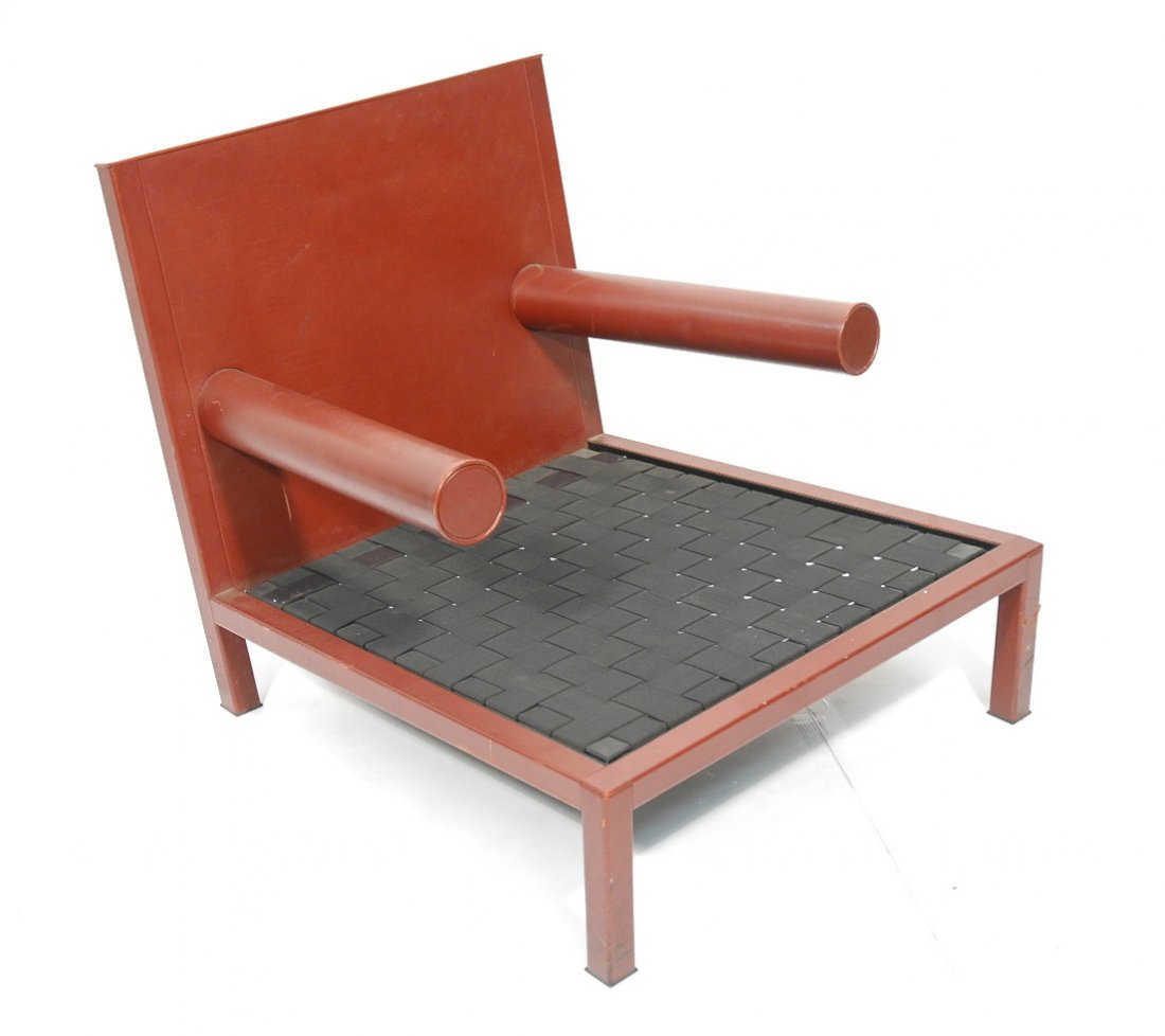 MEMPHIS Style B&B Italian Wine Leather Arm Lounge: MEMPHIS Style B&B Italian Wine Leather Arm Lounge Chair. Marked: B&B Italy.-- Dimensions: H: 32 inches: W: 34 inches: D: 42 inches ---