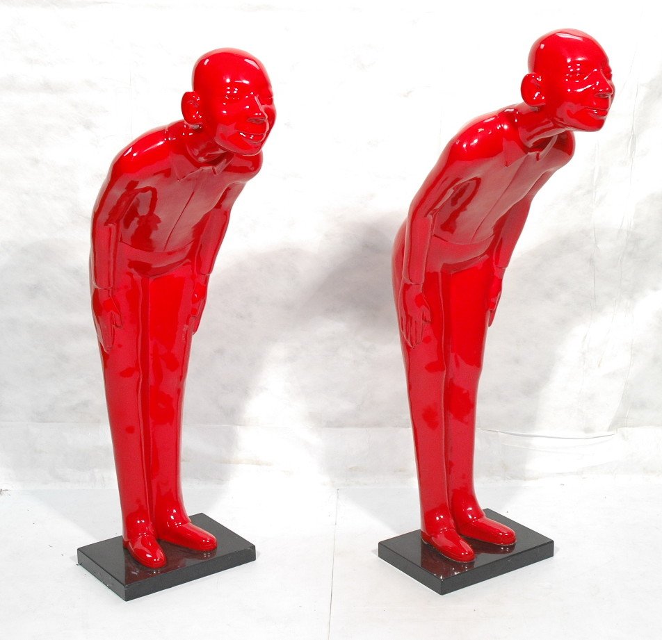 Pr CHEN WEN LING Red Figural Statues. Attribution: Pr CHEN WEN LING Red Figural Statues. Attribution. Two leaning men in high gloss red. Black Granite bases. Chen Wenling. Not Signed. Renowned Chinese sculptor. Red Memory SeriesThe use of bright red c