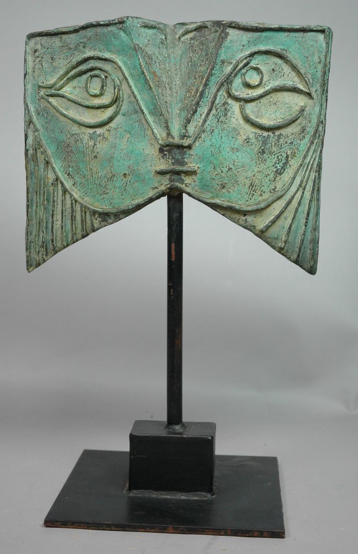 Bronze Face Mask Sculpture after Picasso. Signed: Bronze Face Mask Sculpture after Picasso. Signed Picasso. Iron Base.-- Dimensions: H: 17 inches: W: 11 inches: D: 8 inches ---