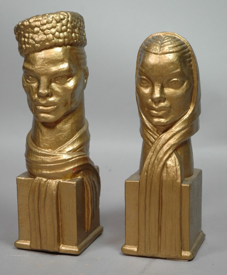Pr FREDERICK WEINBERG Gilt Painted Busts Sculptur: Pr FREDERICK WEINBERG Gilt Painted Busts Sculptures. Male & female. Marked: FW 43-- Dimensions: H: 10.25 inches: W: 3.25 inches: D: 3.5 inches --- US Shipping charge: $28
