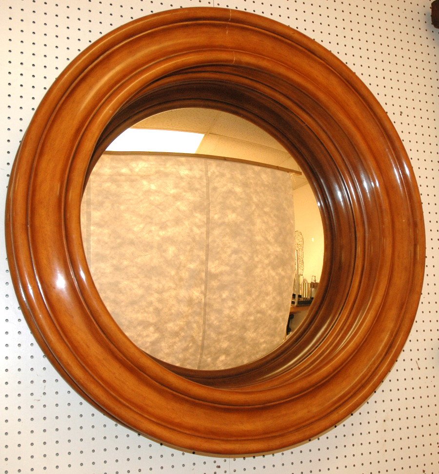 RALPH LAUREN Large Wood Frame Circular Mirror. De: RALPH LAUREN Large Wood Frame Circular Mirror. Deep frame. Convex mirror. Labeled.-- Dimensions: H: 39.5 inches: W: 39.5 inches: D: 6 inches ---