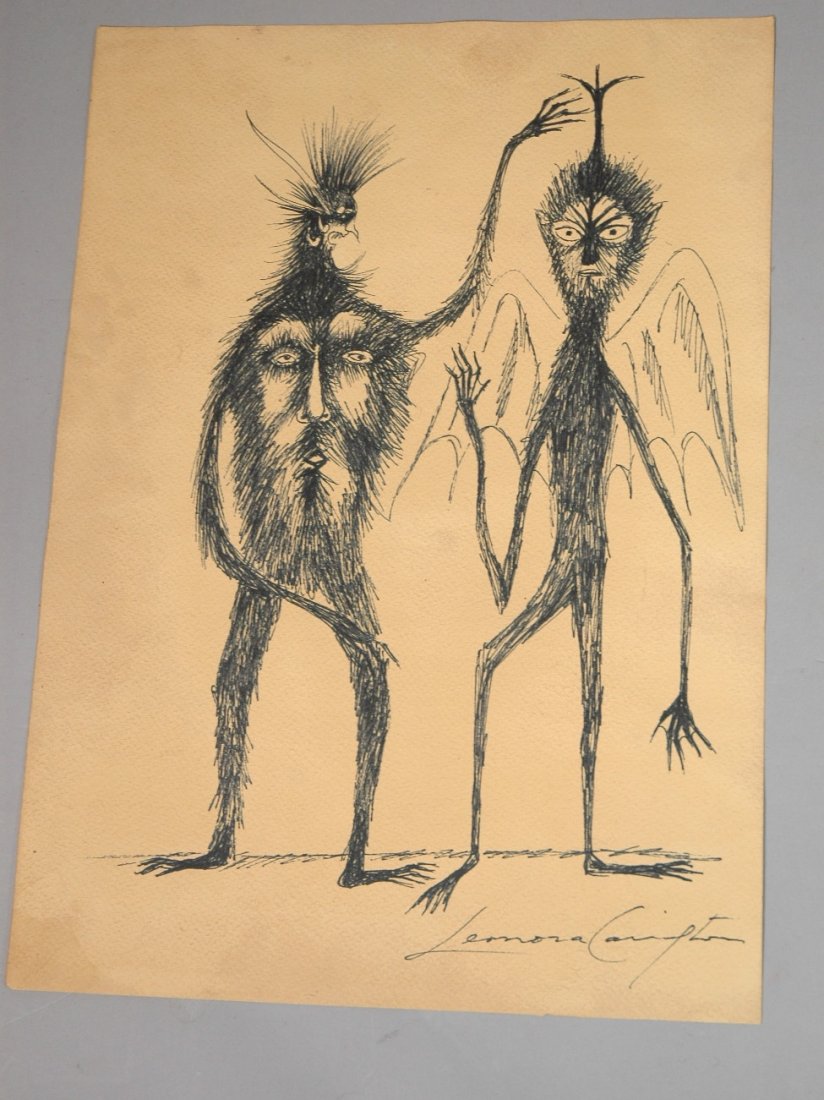 Ink Drawing signed LEONORA CARRINGTON. Two Hairy: Ink Drawing signed LEONORA CARRINGTON. Two Hairy Mythological Figures. -- Dimensions: Image Size: H: 13.75 inches: W: 9 inches --- US Shipping charge: $14