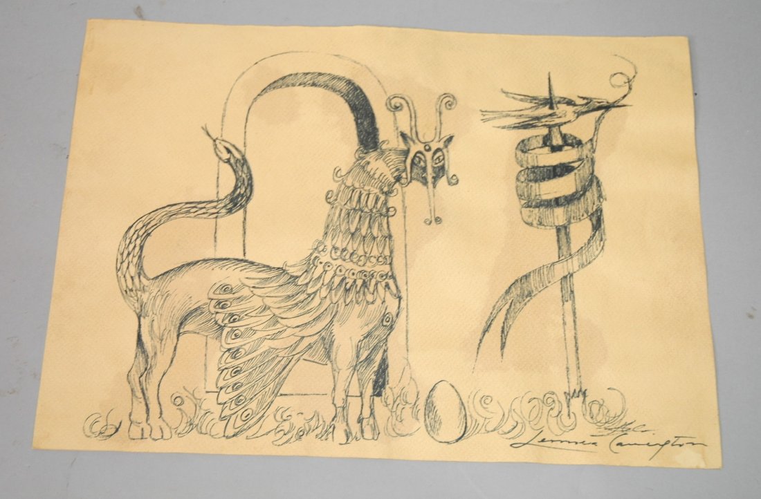 Ink Drawing signed LEONORA CARRINGTON. Mythologic: Ink Drawing signed LEONORA CARRINGTON. Mythological winged creature with snake tail. -- Dimensions: Image Size: H: 13.75 inches: W: 9 inches --- US Shipping charge: $14