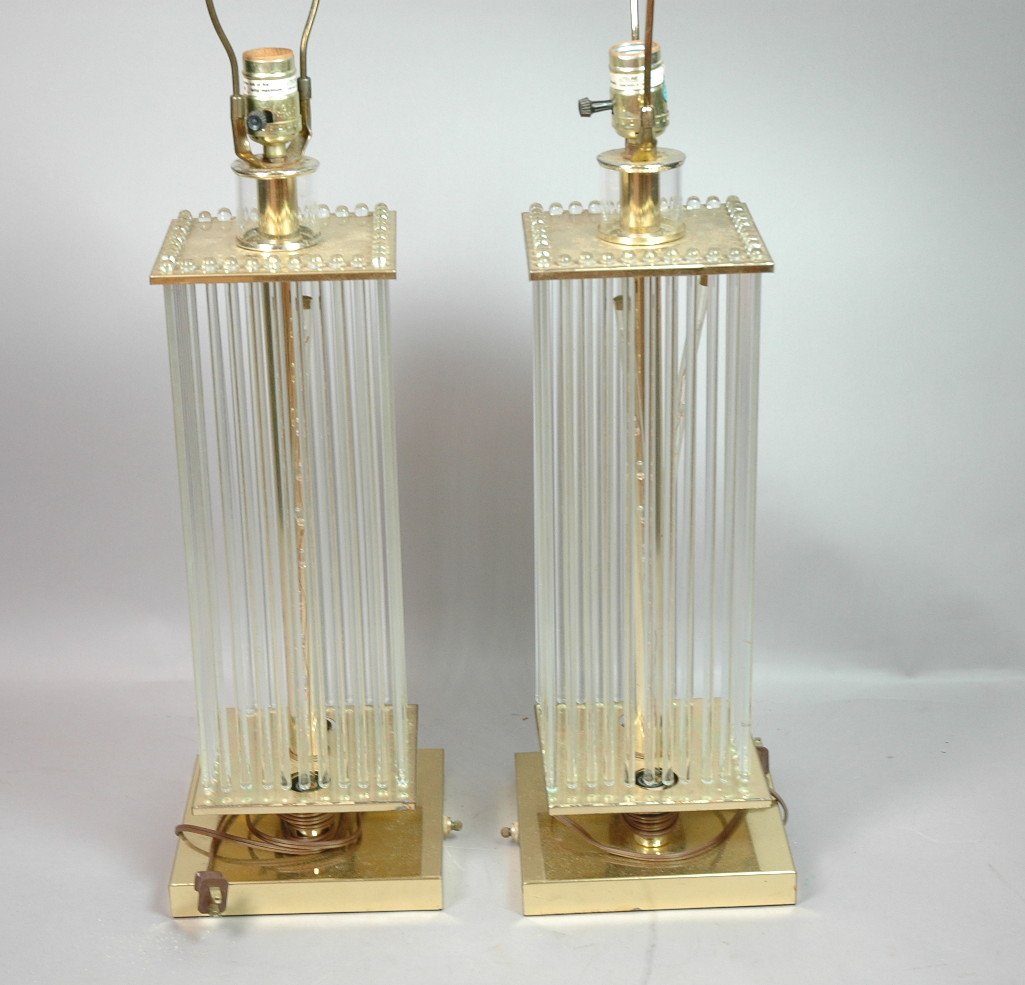 Pr SCIOLARI style Brass & Glass Table Lamps. Squa: Pr SCIOLARI style Brass & Glass Table Lamps. Square column form with glass rods. Not marked.-- Dimensions: H: 22 inches: W: 7 inches ---