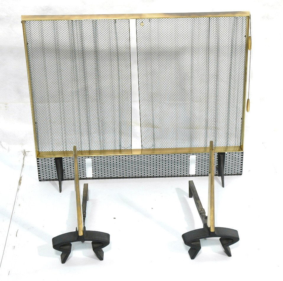 3pc DONALD DESKEY Brass Fireplace Andirons & Scre: 3pc DONALD DESKEY Brass Fireplace Andirons & Screen. Clean tapered shaft form andirons. -- Dimensions: --- screen dims: 31.5 High, 38 wide, 4.75 deep.