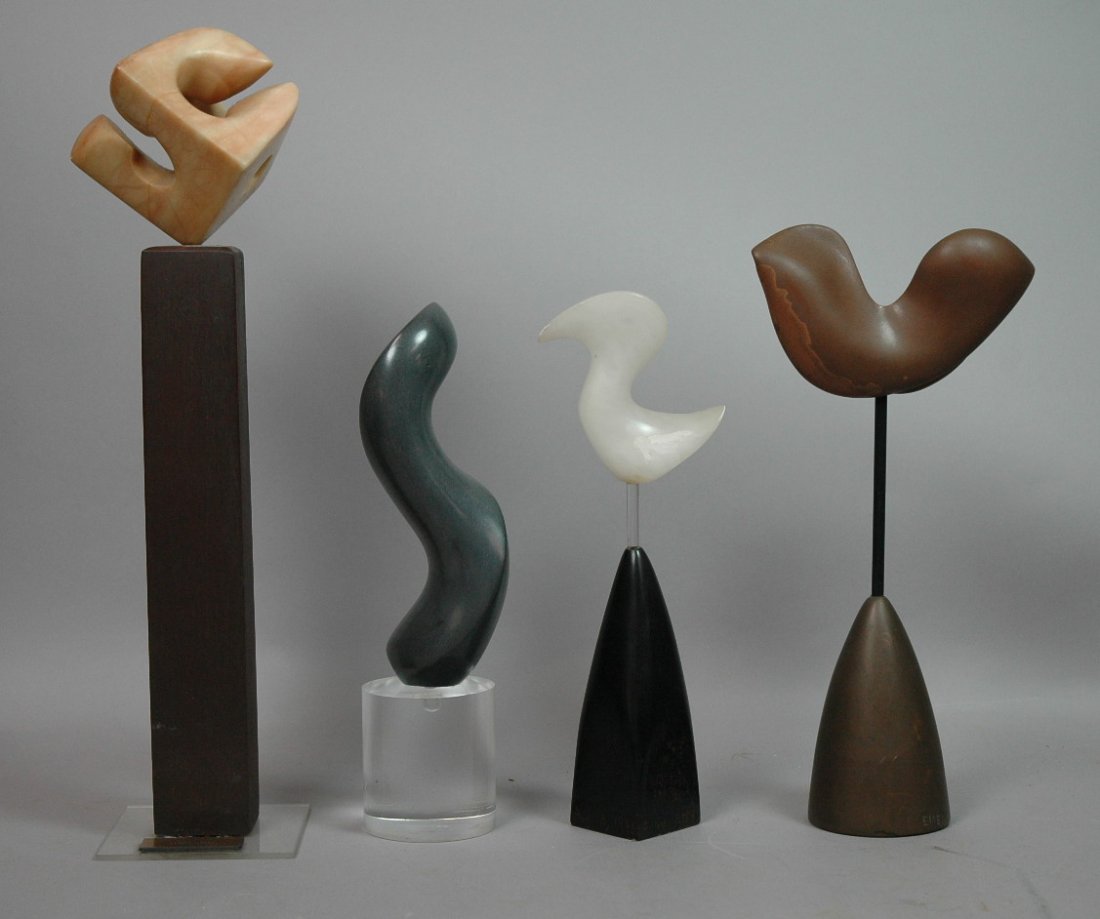 4pc Lot Organic Modernist ELLY Marble Sculptures.: 4pc Lot Organic Modernist ELLY Marble Sculptures. Sinuous carvings on interesting unique bases (Wood, lucite, stone, etc). Some signed Ellen or Elly. Some dated '80s.-- Dimensions: H: 16 inches --- US