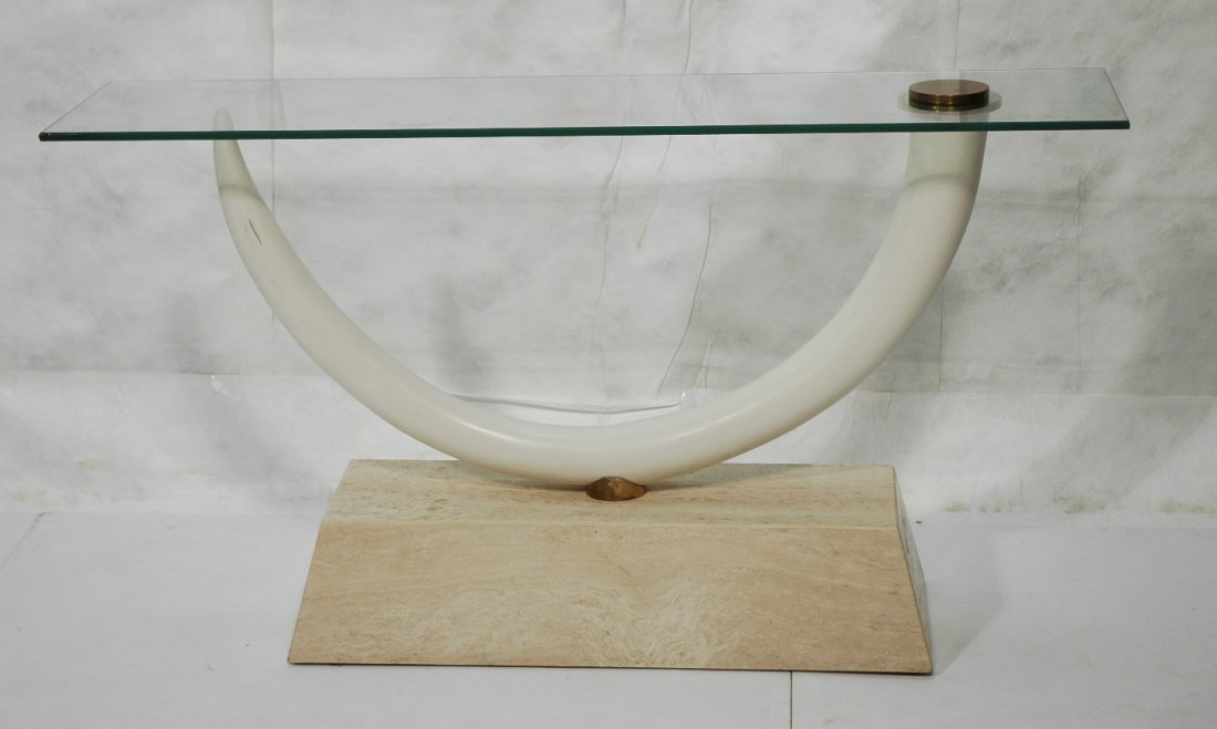 Decorator Tusk style Glass Top Hall Console Table: Decorator Tusk style Glass Top Hall Console Table. White lacquer tusk form on travertine base. Glass top.-- Dimensions: H: 30.25 inches: D: 14 inches: L: 57 inches ---