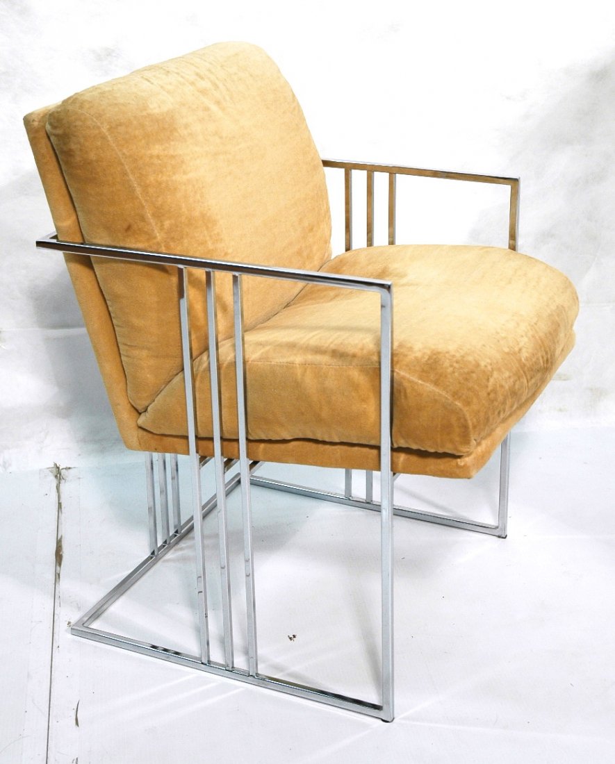 MILO BAUGHMAN Thin Chrome Tube Arm Side Chair. 3: MILO BAUGHMAN Thin Chrome Tube Arm Side Chair. 3 band sides. Creamupholstery. -- Dimensions: H: 31.5 inches: W: 21 inches: D: 23 inches ---