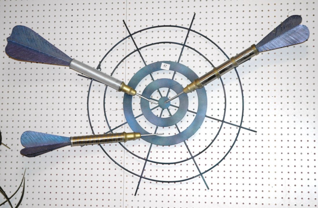 C JERE Bullseye DARTS Target Metal Wall Sculpture: C JERE Bullseye DARTS Target Metal Wall Sculpture. Green patina metal with brass darts. Signed.-- Dimensions: H: 31 inches: W: 46 inches: D: 8.5 inches ---