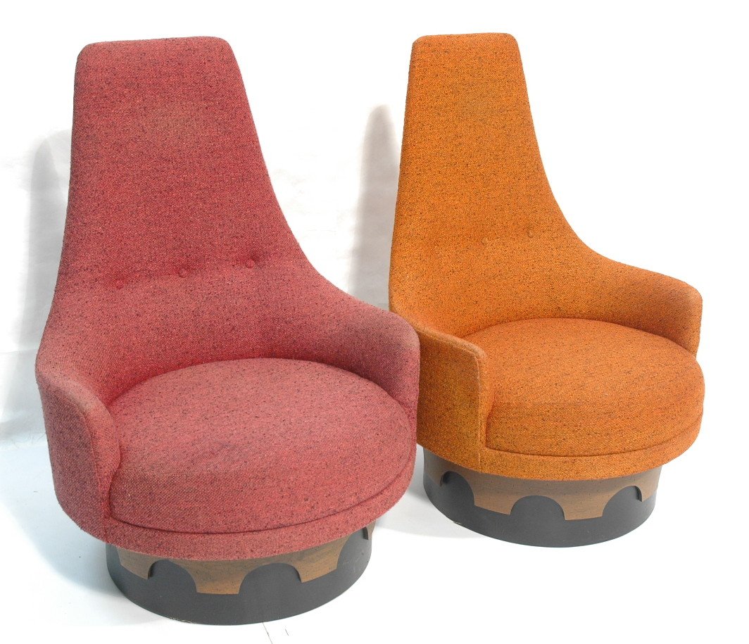 Pr ADRIAN PEARSALL Swivel High Back Lounge Chairs: Pr ADRIAN PEARSALL Swivel High Back Lounge Chairs. Barrel back tall lounge chairs with circle seat cushions. Wood arches on black cylinder base. Craft Associates.-- Dimensions: H: 43 inches: W: 31 inc