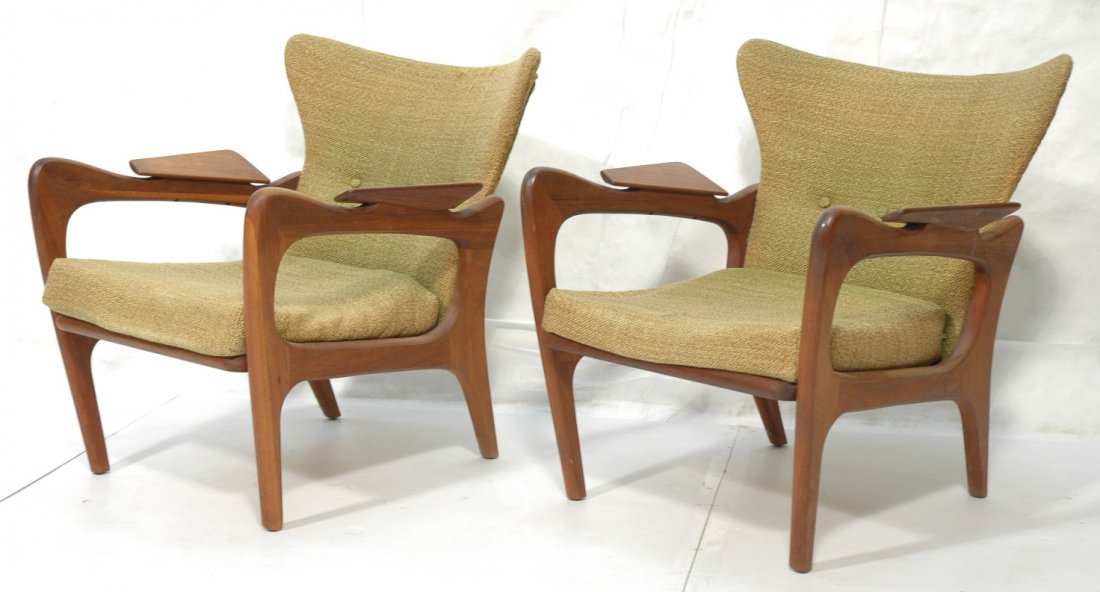 Pr ADRIAN PEARSALL Walnut Arm Lounge Chairs. Swol: Pr ADRIAN PEARSALL Walnut Arm Lounge Chairs. Swollen flared back. tilted arm rests. Not marked.-- Dimensions: H: 29 inches: W: 28 inches: D: 28 inches ---