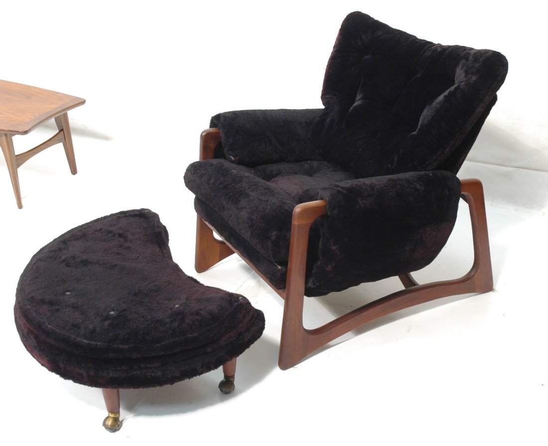 ADRIAN PEARSALL Lounge Chair & Ottoman. Walnut Am: ADRIAN PEARSALL Lounge Chair & Ottoman. Walnut American Modern frame with plush black upholstery. Craft Associates label. -- Dimensions: H: 35.5 inches: W: 32 inches: D: 30 inches ---