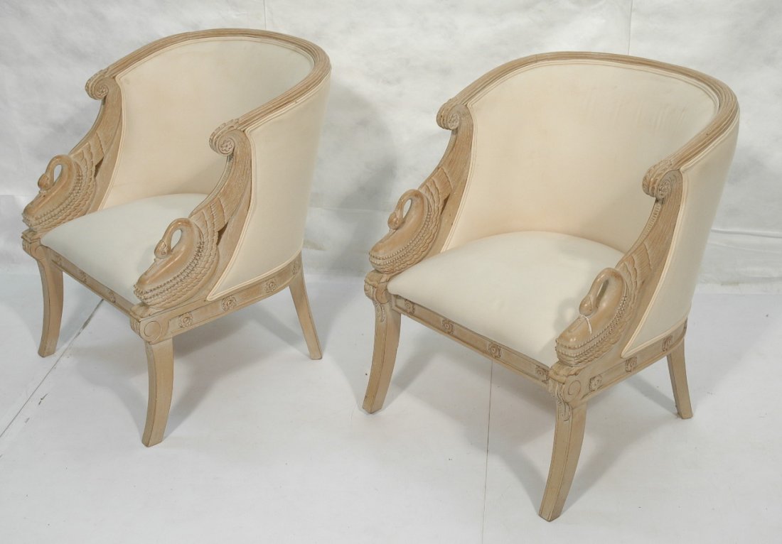 Pr Decorator Swan Carved Arm Lounge Chairs. Musli: Pr Decorator Swan Carved Arm Lounge Chairs. Muslin covered. -- Dimensions: H: 34 inches: W: 26 inches: D: 28 inches ---