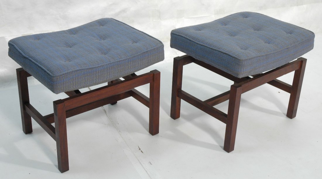 Pr JENS RISOM American Modern Walnut Stool Benche: Pr JENS RISOM American Modern Walnut Stool Benches. Blue fabric upholstery. Seat raised over walnut frame. Unmarked.-- Dimensions: H: 17 inches: W: 19 inches: D: 15 inches ---