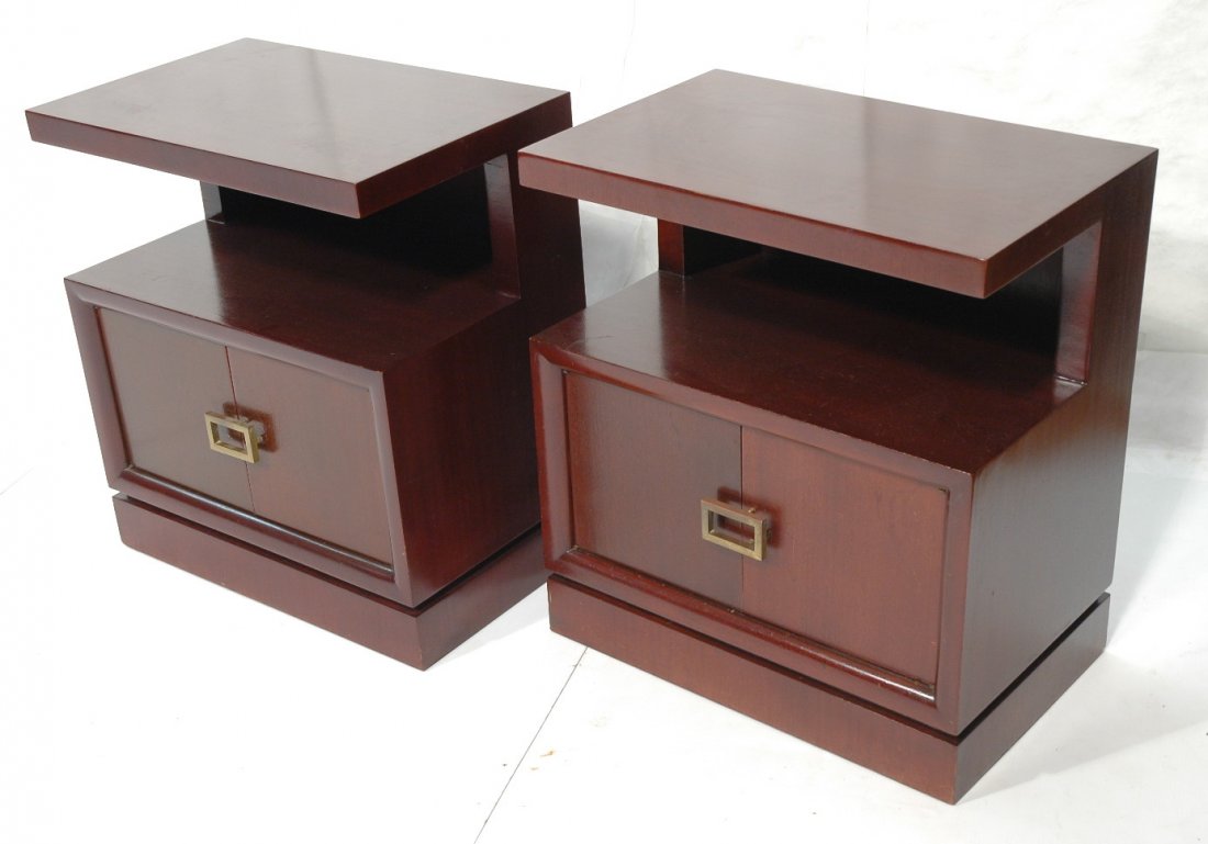 Pr Dark Mahogany GROSFELD HOUSE style End Tables: Pr Dark Mahogany GROSFELD HOUSE style End Tables night stands. Open area above 2 door cabinet. Unmarked.-- Dimensions: H: 31 inches: W: 28 inches: D: 19 inches ---