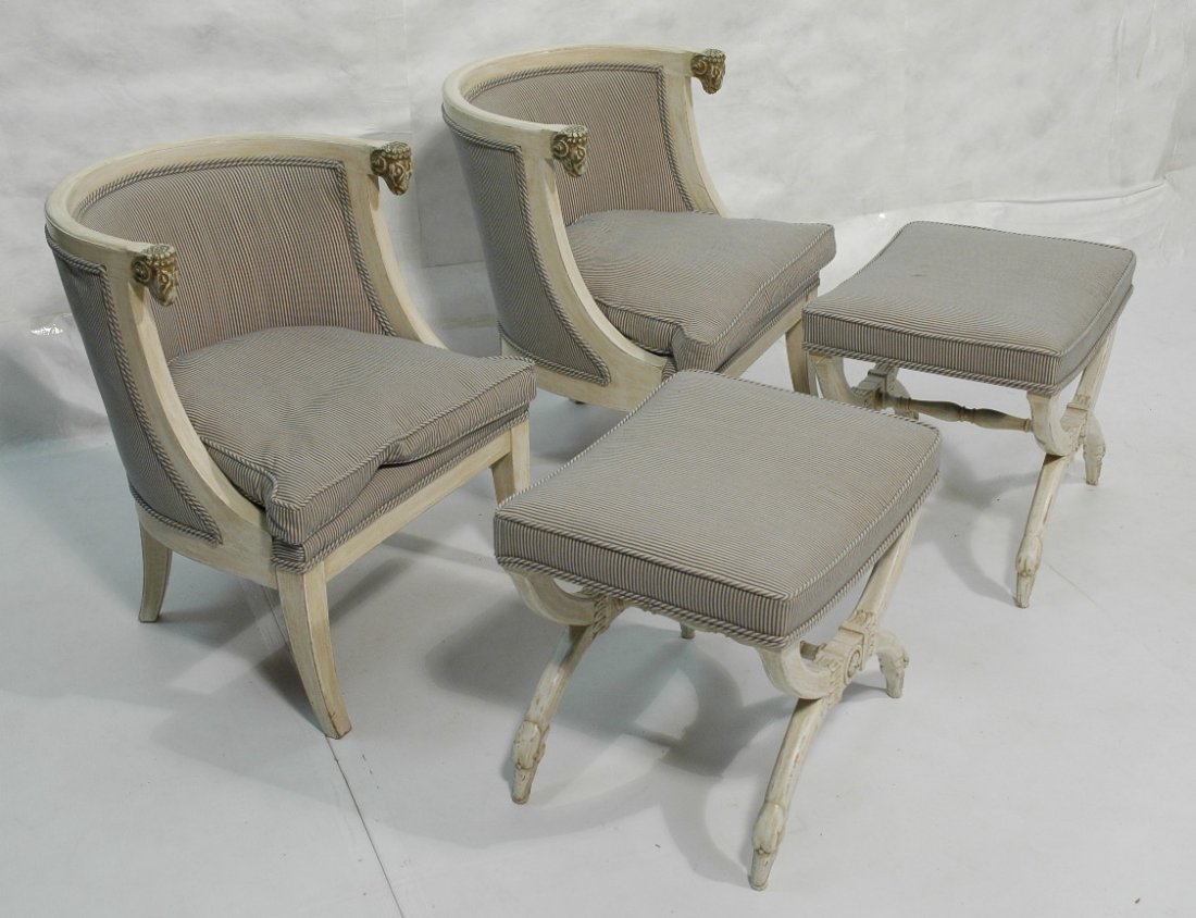 Pr Decorator Empire style Chairs Ottomans. STARK: Pr Decorator Empire style Chairs Ottomans. STARK & HANES. Milk paint finish. Carved goat head details on chairs. Carved duck head detail to base of benches. -- Dimensions: H: 17.5 inches: W: 20.5 inch