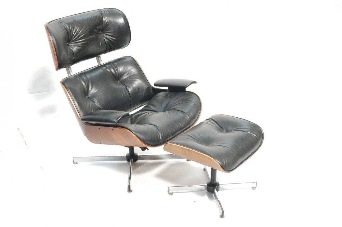 Plycraft Lounge Chair & Ottoman. Black Leather.: Plycraft Lounge Chair & Ottoman. Black Leather. Labeled. -- Dimensions: H: 38 inches: W: 32 inches: D: 33 inches ---