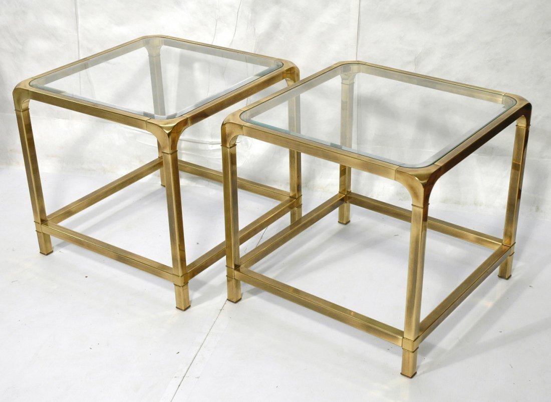 Pair Mastercraft Brass and Glass Tables.: Pair Mastercraft Brass and Glass Tables. Inset beveled glass. Unmarked.-- Dimensions: H: 24 inches: W: 25.5 inches: D: 25.5 inches ---