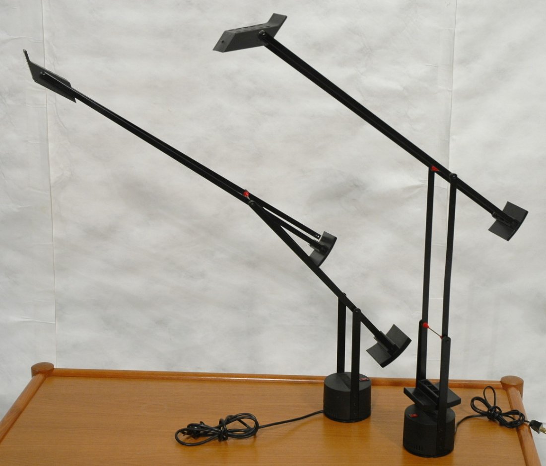 Pair Artemide Tizio Bird Lamps. Counterbalance A: Pair Artemide Tizio Bird Lamps. Counterbalance Adjustable. Swivel base.-- Dimensions: H: 35 inches: W: 30.5 inches: D: 4.5 inches ---