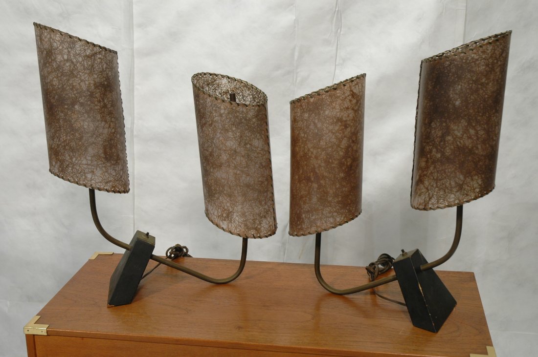 Pr 50's Modern Lamps. Fiberglass Shades. MAGESTIC: Pr 50's Modern Lamps. Fiberglass Shades. MAGESTIC. style. Ebonized wood base with metal arm. -- Dimensions: H: 24 inches: W: 19 inches: D: 6.5 inches ---