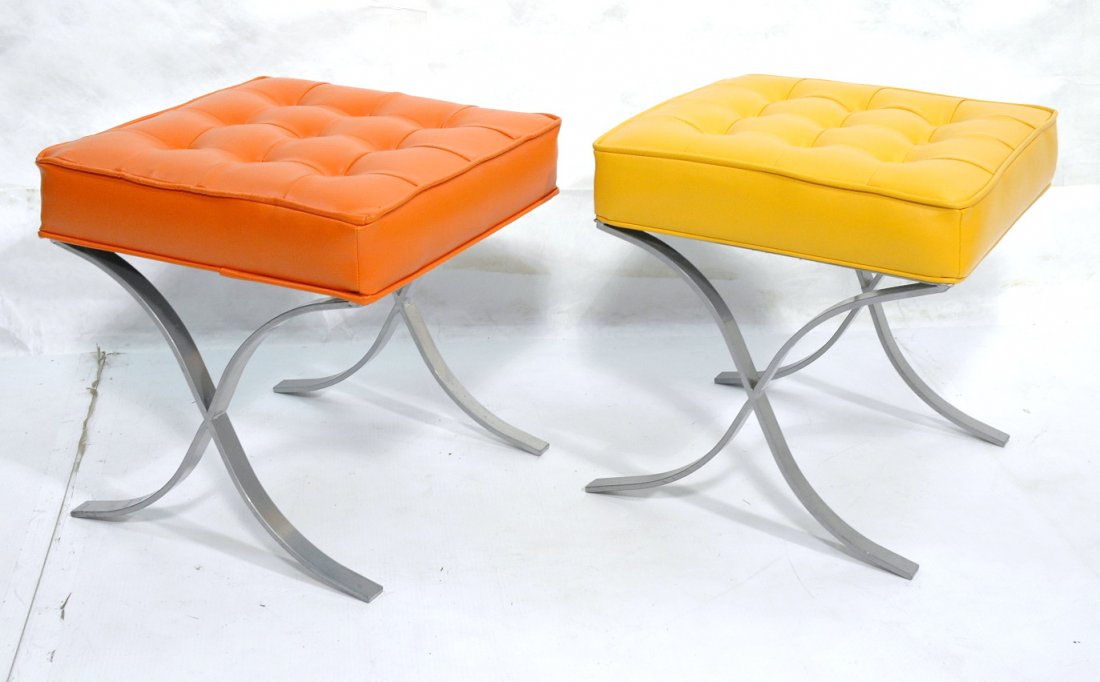 Pr "X" Base Aluminum Decorator Benches Stools. Or: Pr "X" Base Aluminum Decorator Benches Stools. Orange & yellow tufted upholstered tops. -- Dimensions: H: 18.25 inches: W: 18 inches: D: 18.5 inches ---