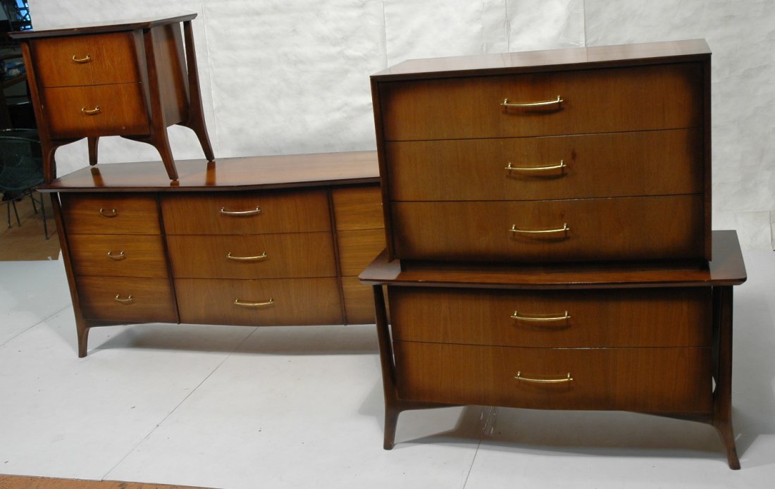 3pc American Modern Bedroom Furniture. Night stan: 3pc American Modern Bedroom Furniture. Night stand. Long dresser credenza. Tall chest of drawers. Angled front. Metal pulls. -- Dimensions: H: 49.5 inches: W: 46 inches: D: 20.5 inches ---