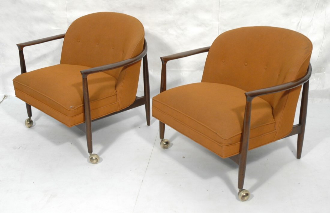 Pair Selig Lounge Chairs. Kofod Larsen Style. W: Pair Selig Lounge Chairs. Kofod Larsen Style. Wide seat and back on wood frame.-- Dimensions: H: 27 inches: W: 30 inches: D: 30 inches ---