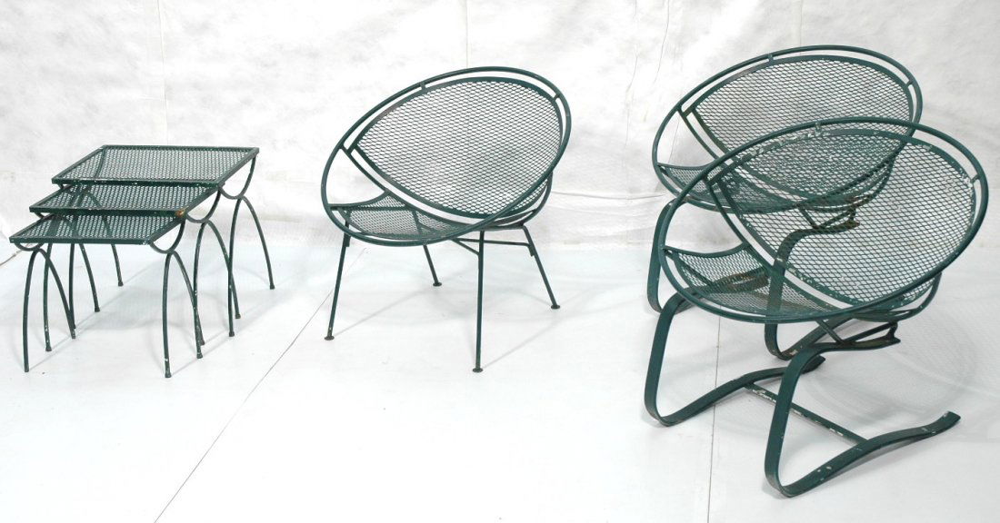 6pc Outdoor Patio Set SALTERINI. 2 Spring Lounge: 6pc Outdoor Patio Set SALTERINI. 2 Spring Lounge Chairs. 1 Straight Leg Lounge Chair. 3pc set nesting tables. Painted Green.-- Dimensions: H: 29.25 inches: W: 29.5 inches: D: 27 inches ---