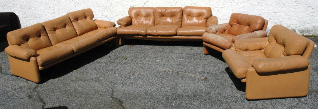 4pc B&B ITALIA Tan Leather Living Room Set. Pr S: 4pc B&B ITALIA Tan Leather Living Room Set. Pr Sofas Couches. Pr Lounge Chairs. CORONADO Model. TOBIA SCARPO, Designer. Each piece has label.-- Dimensions: H: 29.5 inches: D: 37 inches: L: 83.5 inches