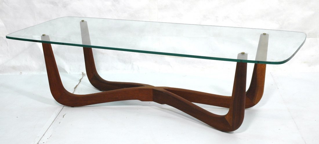 ADRIAN PEARSALL style Glass Top Coffee Table. 1/2: ADRIAN PEARSALL style Glass Top Coffee Table. 1/2" thick Glass Top on American Modern Walnut Base. Glass is attached to base with capped screws. -- Dimensions: H: 16 inches: D: 23.5 inches: L: 60 inch