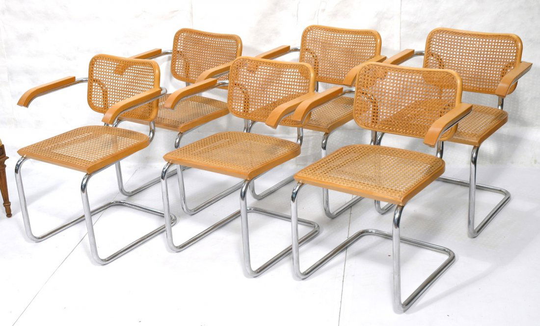 6pc STENDIG Tubular Chrome Caned Dining Chairs. S: 6pc STENDIG Tubular Chrome Caned Dining Chairs. Set 6 Caned seat & back Arm Chairs. Label-- Dimensions: H: 31 inches: W: 23.5 inches: D: 21.5 inches ---