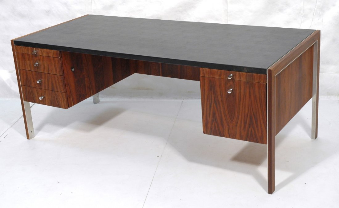 Rosewood Executive Desk. Chrome Pulls & Trim. Bla: Rosewood Executive Desk. Chrome Pulls & Trim. Black Top. Unmarked.-- Dimensions: H: 28.75 inches: D: 32 inches: L: 72 inches ---