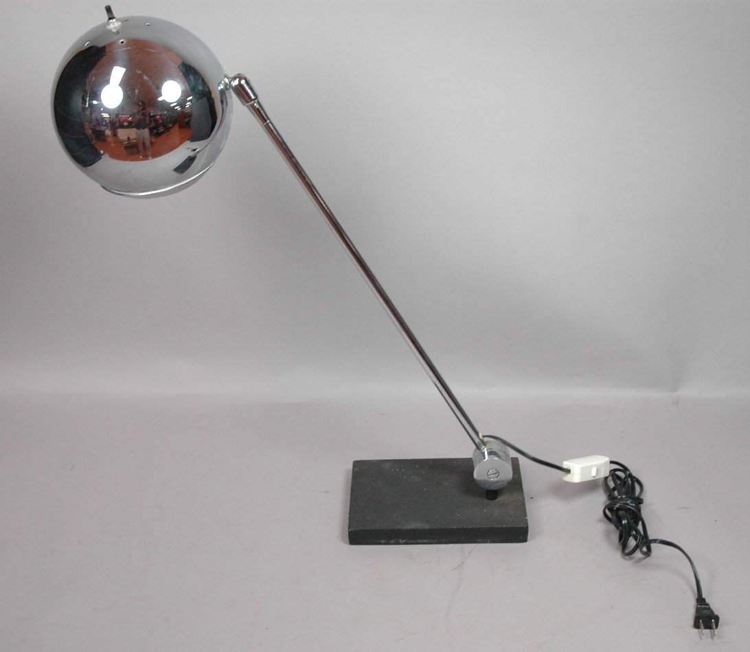 SONNEMAN Table Lamp. Solid steel base painted bla: SONNEMAN Table Lamp. Solid steel base painted black. Chrome ball shade. -- Dimensions: H: 27 inches: W: 16 inches: D: 5.5 inches ---