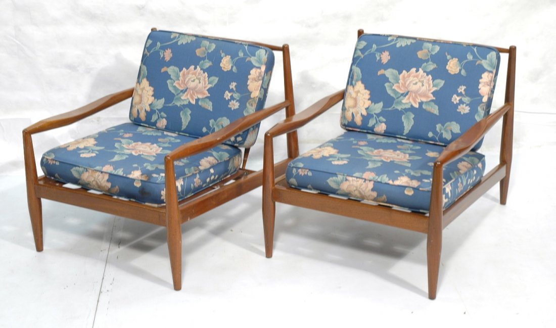 Pr ADRIAN PEARSALL Lounge Chairs. Tapered Legs. S: Pr ADRIAN PEARSALL Lounge Chairs. Tapered Legs. Spindle Back. Floral cushions. -- Dimensions: H: 27 inches: W: 27.25 inches: D: 34.5 inches ---