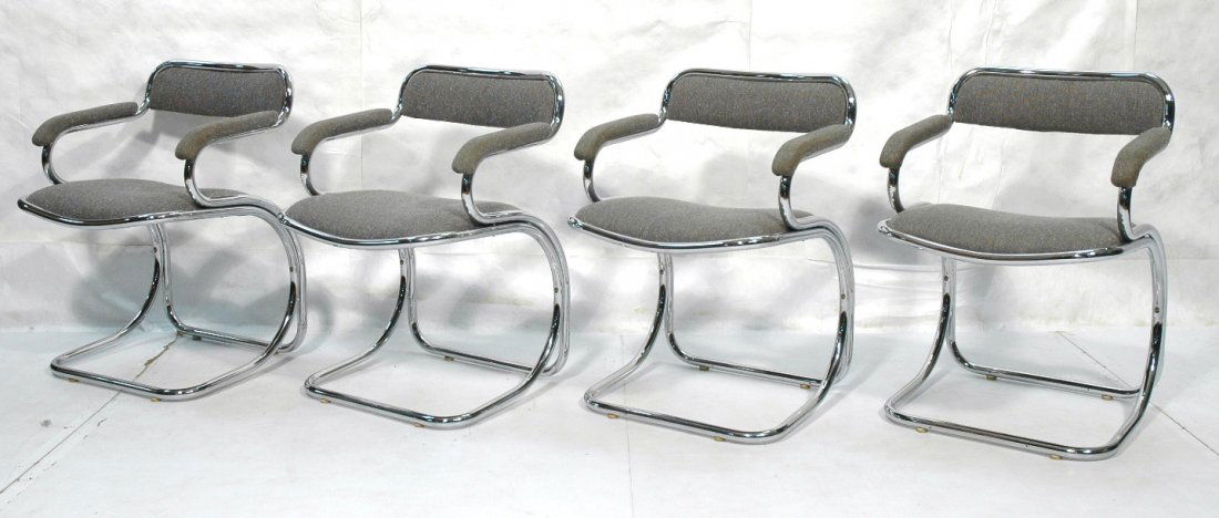 4pc Tubular Chrome Frame Dining Chairs. Curved U: 4pc Tubular Chrome Frame Dining Chairs. Curved U shape Frame. Gray fabric seat, back and arm rests.-- Dimensions: H: 30.25 inches: W: 22 inches: D: 20 inches ---