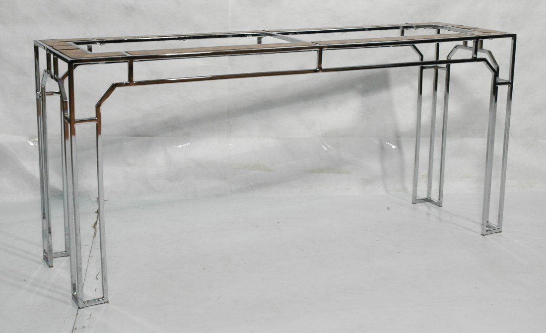 MILO BAUGHMAN Sofa Table. Chrome Frame with Inset: MILO BAUGHMAN Sofa Table. Chrome Frame with Inset Burl Wood & Glass.-- Dimensions: H: 27 inches: W: 58 inches: D: 16 inches ---