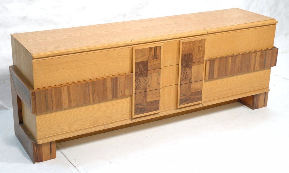 American Modern 9 Drawer Credenza Dresser. Blond: American Modern 9 Drawer Credenza Dresser. Blond wood with rosewood inserts. Raised on rosewood legs. -- Dimensions: H: 30.5 inches: W: 77.5 inches: D: 21 inches ---