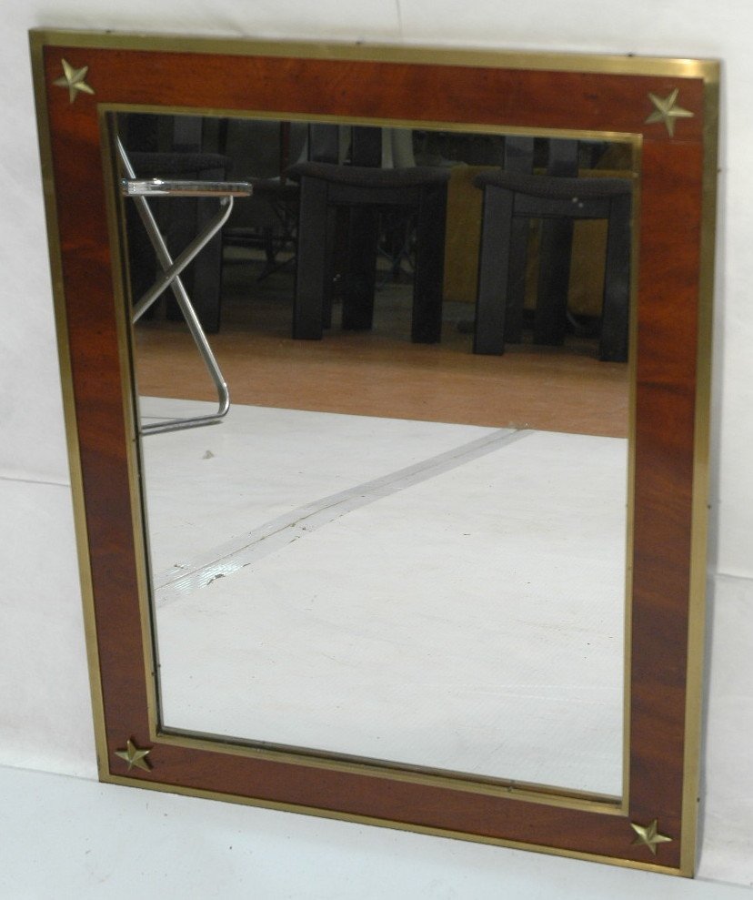 Decorator Wood Brass Frame Wall Mirror. Brass sta: Decorator Wood Brass Frame Wall Mirror. Brass stars at corners. PARZINGER style. -- Dimensions: H: 24 inches: W: 18.5 inches ---