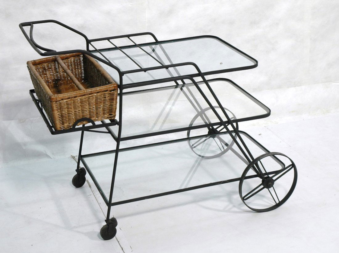 Large Oversized Bar Cart. three tier with wicker: Large Oversized Bar Cart. three tier with wicker basket. Iron and glass.-- Dimensions: H: 35.5 inches: W: 25.5 inches: D: 45.5 inches ---
