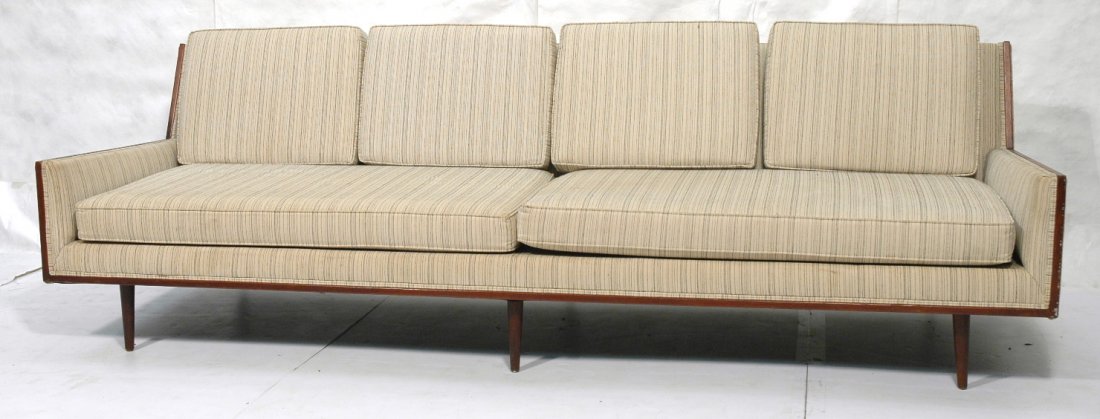 Paul McCobb Sofa Couch. Wood Frame on Tapered Le: Paul McCobb Sofa Couch. Wood Frame on Tapered Legs. Angled Form.-- Dimensions: H: 30 inches: W: 97 inches: D: 33.5 inches ---