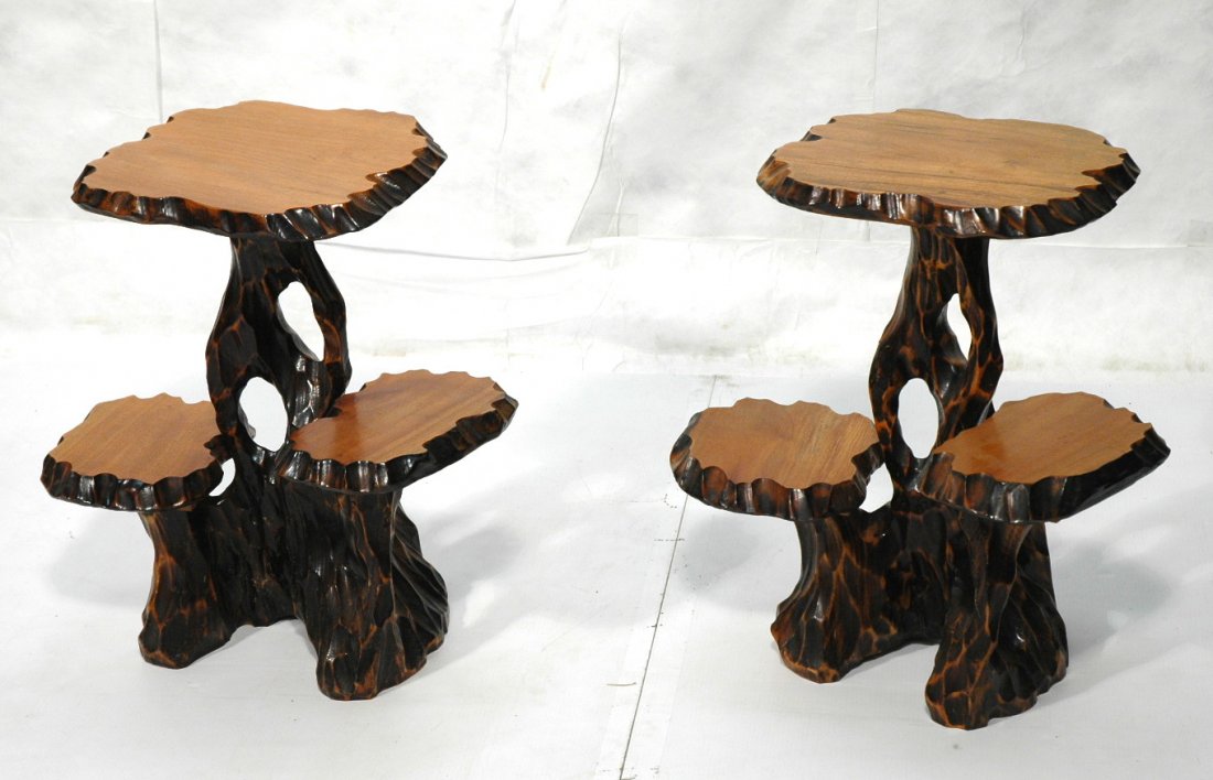 Pair 3 Tier Chipped Wood Stand Tables.: Pair 3 Tier Chipped Wood Stand Tables. -- Dimensions: H: 25 inches: W: 23 inches: D: 15.5 inches ---