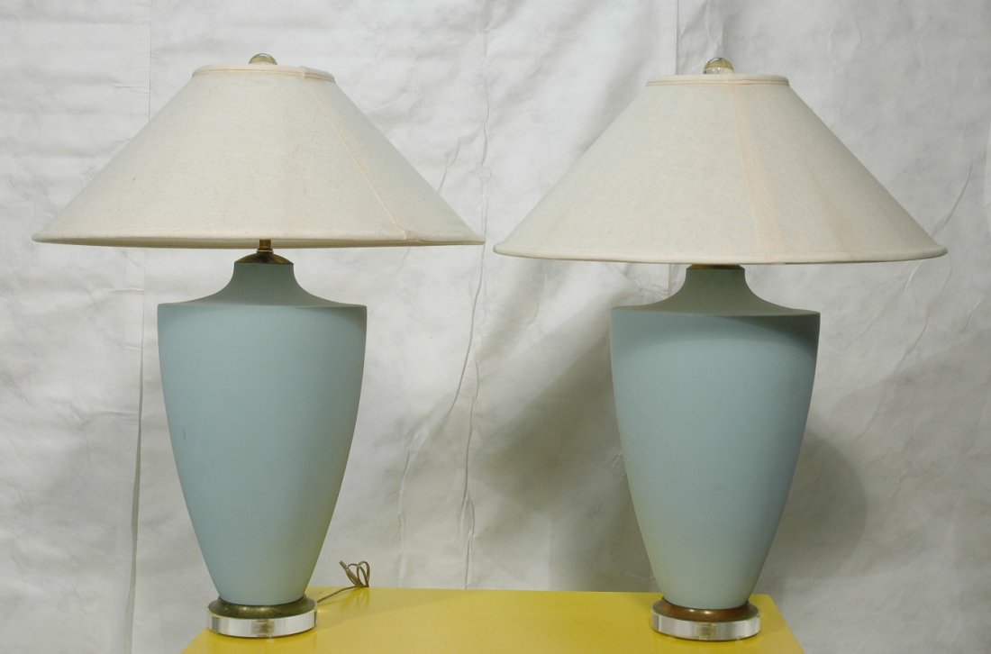 Pr 80's FINE ARTS Turquoise Pottery Lucite Lamps.: Pr 80's FINE ARTS Turquoise Pottery Lucite Lamps. Label-- Dimensions: H: 32 inches: W: 12 inches: D: 12 inches ---
