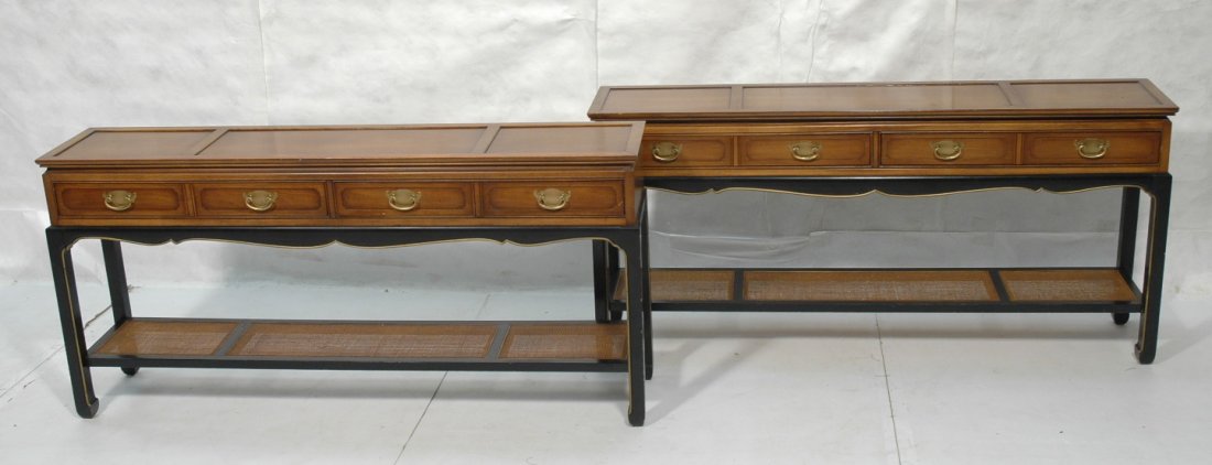 Pr Asian style Sofa Tables. Ebonized Base support: Pr Asian style Sofa Tables. Ebonized Base supports 2 drawer top. Brass hardware. -- Dimensions: H: 29 inches: D: 12 inches: L: 60 inches ---