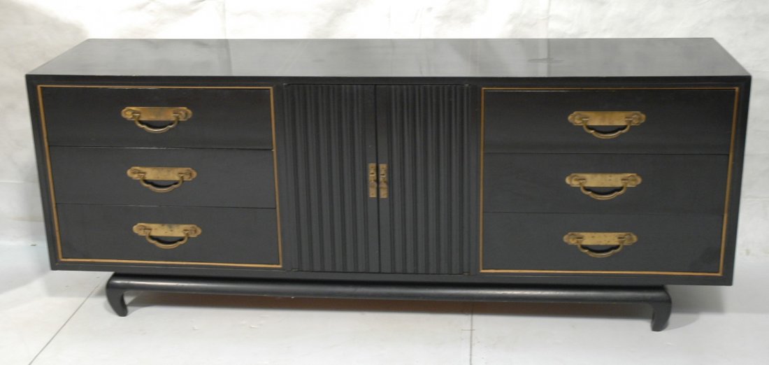 JAMES MONT Style Ebonized Asian Credenza. Gold Tr: JAMES MONT Style Ebonized Asian Credenza. Gold Trim. Curved Asian style base.-- Dimensions: H: 30.5 inches: D: 19 inches: L: 78 inches ---