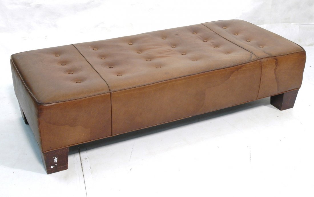 Brown Leather Button Top Bench. Thick square wood: Brown Leather Button Top Bench. Thick square wood legs.-- Dimensions: H: 16 inches: D: 26 inches: L: 60 inches ---