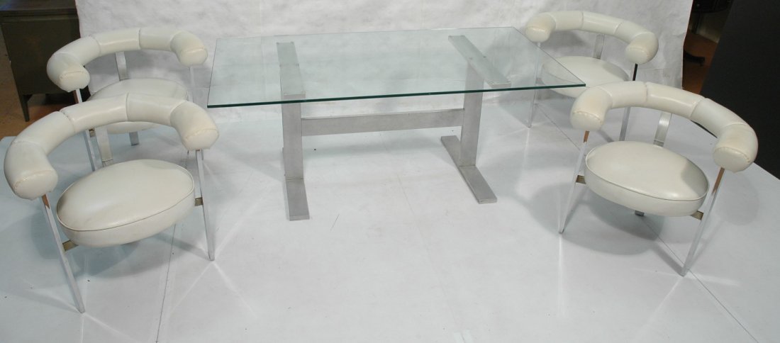 Chrome Dining Set. Table, 4 Barrel Back Chairs. W: Chrome Dining Set. Table, 4 Barrel Back Chairs. White vinyl padded rolled barrel backs. Brushed aluminum "I " beam table base (very heavy) with glass top. -- Dimensions: H: 28 inches: D: 38 inches: L: