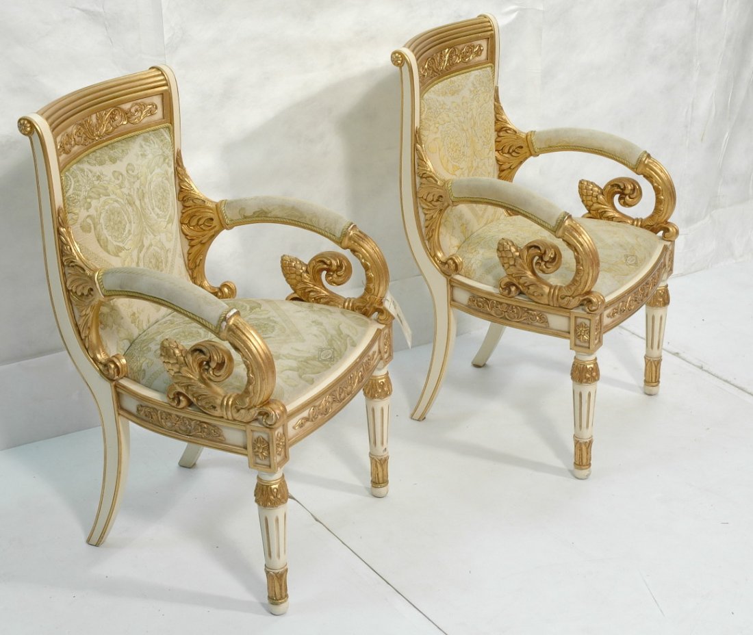 Pair Gianni Versace Arm Chairs. Cream Lacquer & g