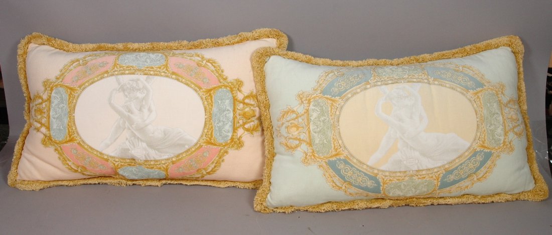 Pr GIANNI VERSACE Velvet Pillows. Two sided soft: Pr GIANNI VERSACE Velvet Pillows. Two sided soft velvet fringed pillows. Psyche & Amour.Each marked Atelier Versace 935-- Dimensions: H: 13.75 inches: W: 24 inches --- US Shipping charge: $28