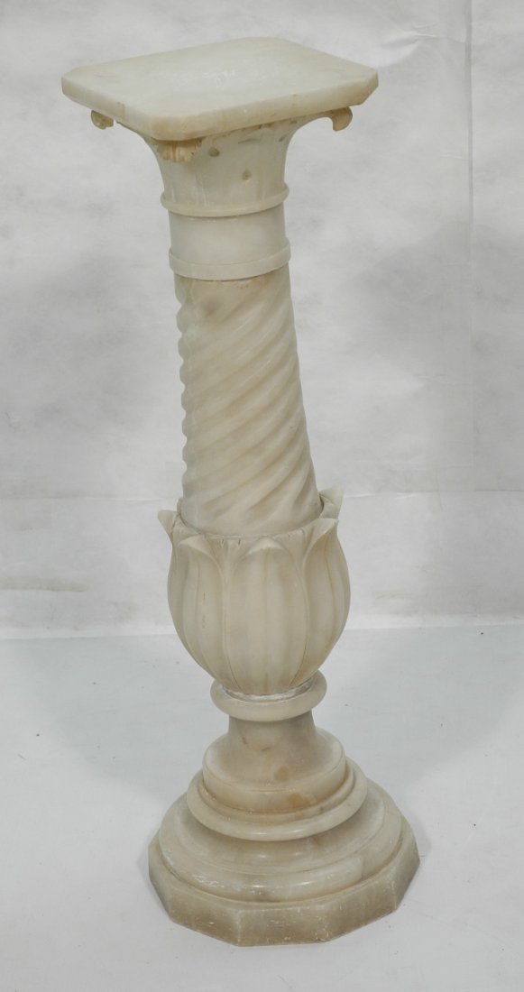 Antique Carved Alabaster Column Pedestal. White a: Antique Carved Alabaster Column Pedestal. White alabaster. -- Dimensions: H: 40.5 inches: W: 12 inches ---