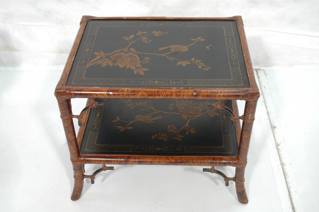 MAITLAND SMITH Aesthetic Style Bamboo Side Table.: MAITLAND SMITH Aesthetic Style Bamboo Side Table. Scenic painted top. Label. -- Dimensions: H: 18.5 inches: W: 23.5 inches: D: 18.25 inches ---